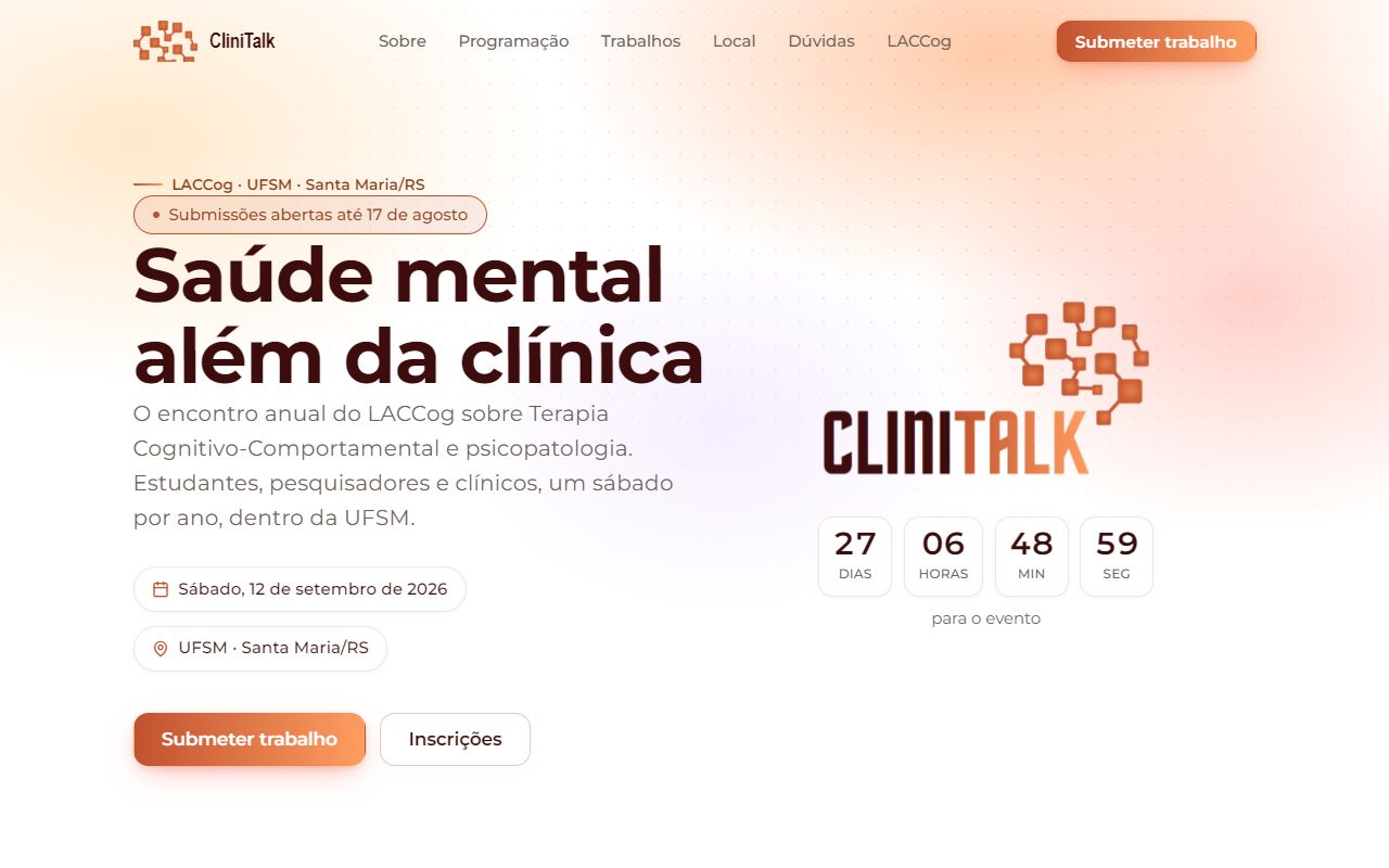 Página inicial do CliniTalk, site do evento de psicologia clínica, com contagem regressiva e botão de submissão de trabalho.