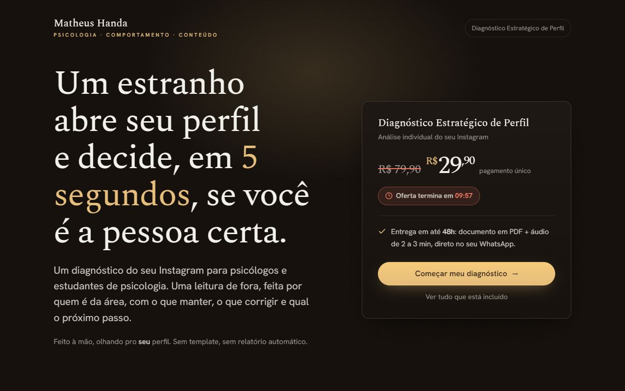 Ferramenta de diagnóstico estratégico de perfil, com análise individual de Instagram e oferta em destaque.