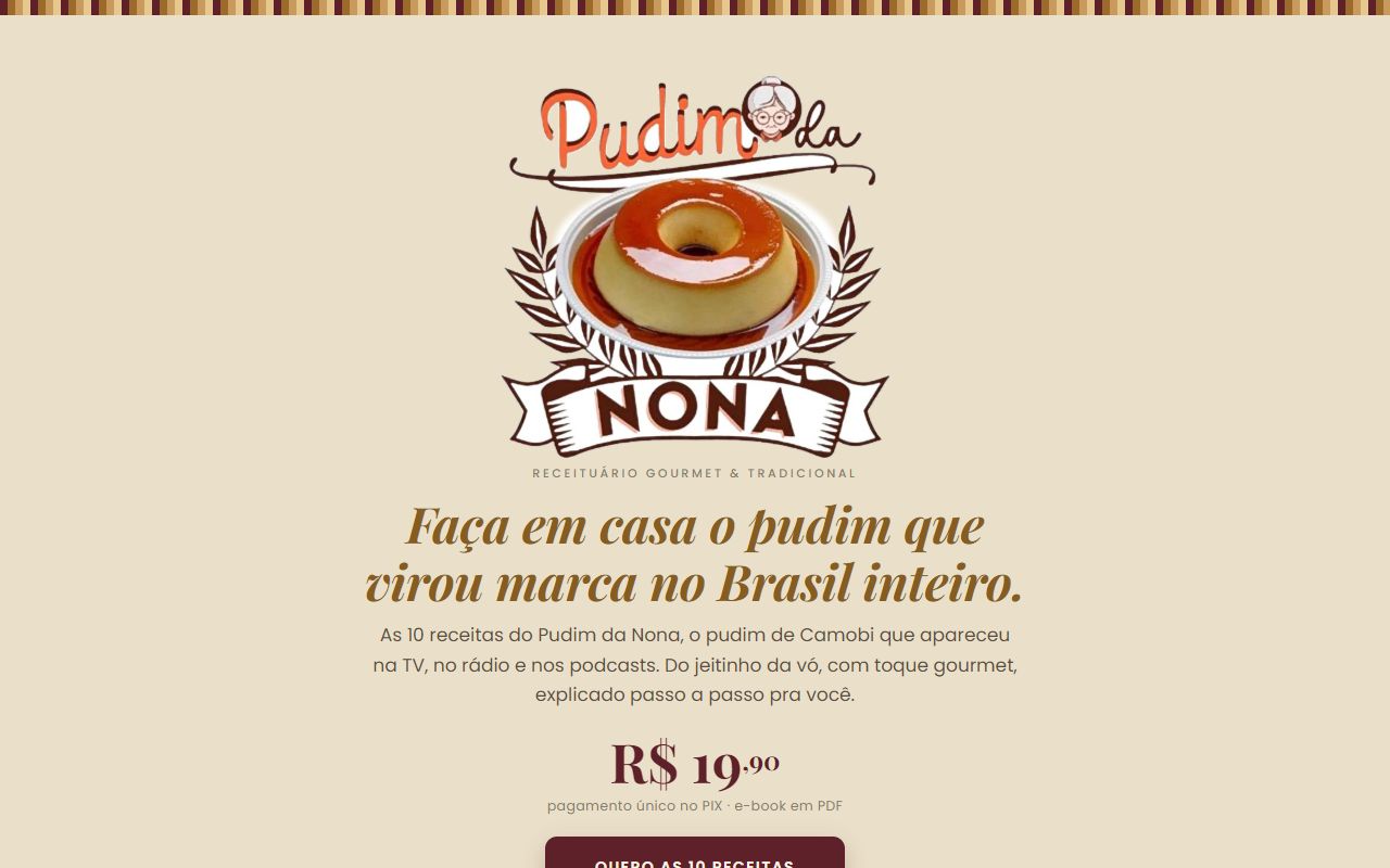 Página de vendas do ebook Pudim da Nona, com logo, produto e preço em destaque.